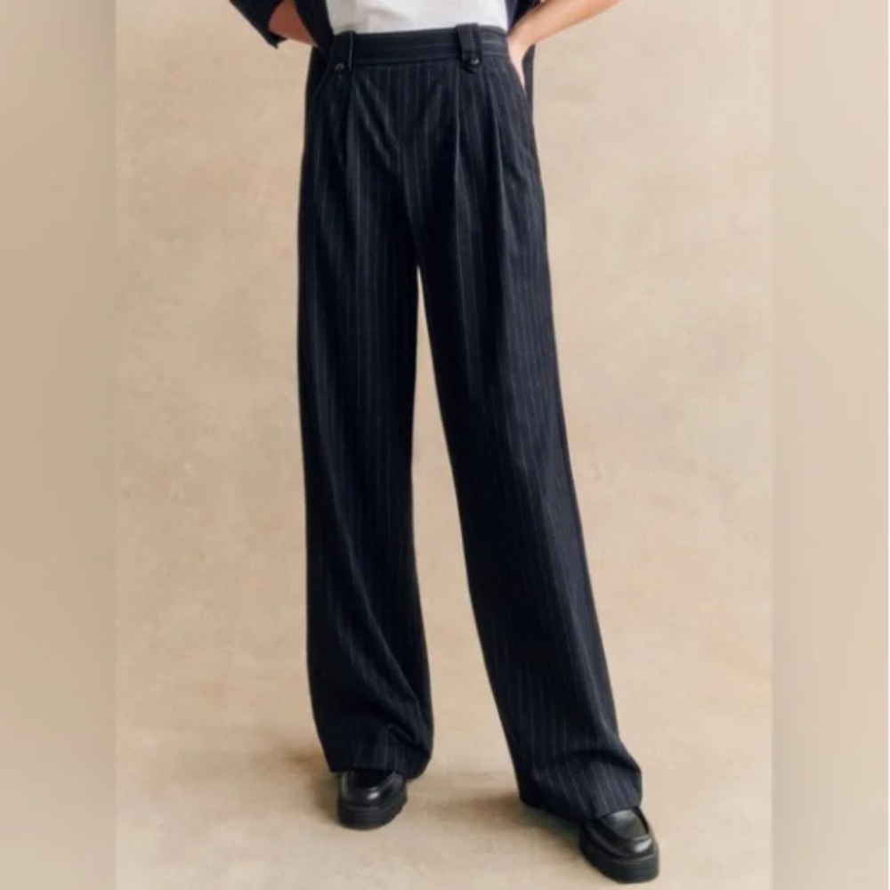 Sézane Loulou Trousers  in Navy Ecru Tennis Stripes 10 (FR 42)